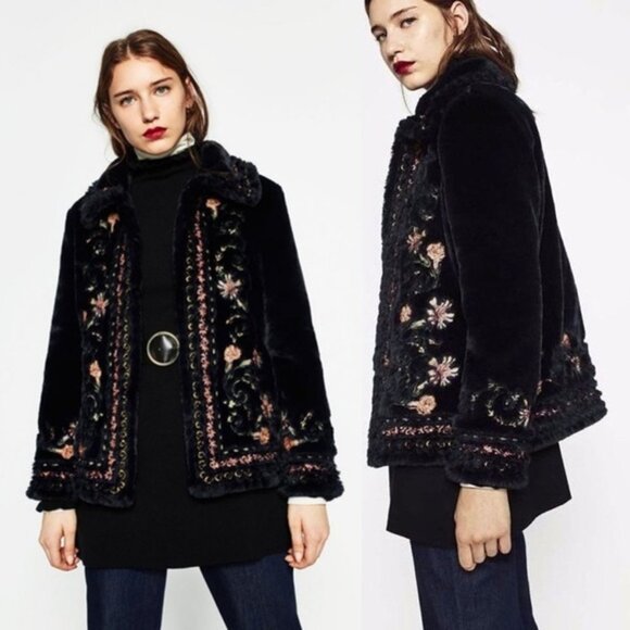 ZARA Boho Embroidered Faux Fur Teddy Coat - Picture 1 of 8